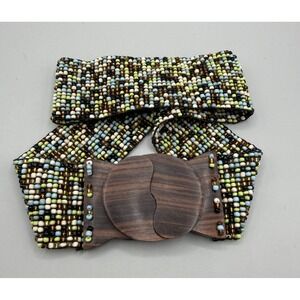 Vtg Art To Wear Beaded Wooden Buckle Retro Stretchy Belt 34"x2"